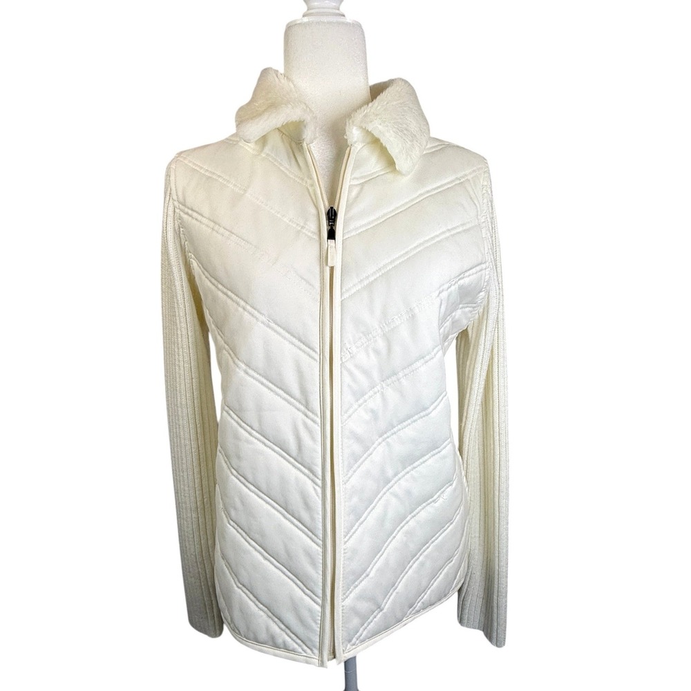Carol Rose Women's L Ivory Quilted Jacket Faux Fur Collar Ribbed Knit Full Zip